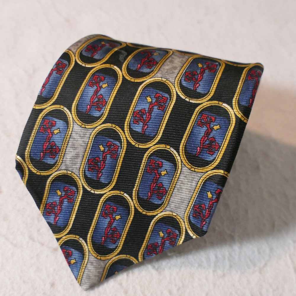 Guy Laroche Mens Silk Necktie OS Black Blue Red Medallion Dark Academia Formal